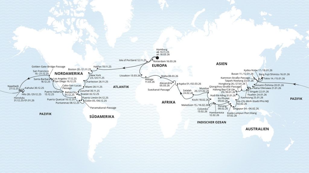 AIDA Weltreise 2025/26 - Route